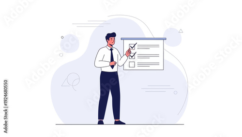 Man Presenting Checklist On Whiteboard, Business Meeting, Planning, Strategy, Success