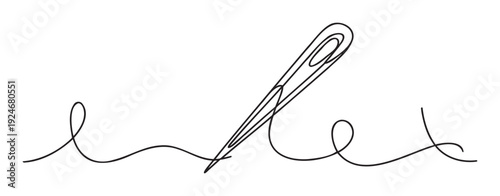 Minimalist continuous line drawing depicting a sewing needle and flowing thread, symbolizing repair, creation, and textile arts for use in craft tutorials or workshop advertisements