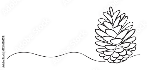 Minimalist continuous line drawing of a pine cone with a flowing ground line, perfect for serene nature themed projects and simple seasonal graphic accents