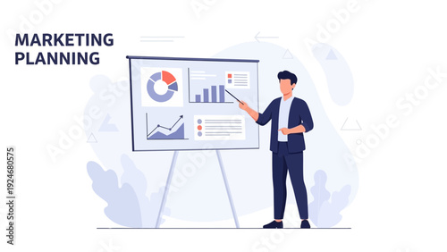 Man presenting marketing plan on whiteboard with charts and graphs