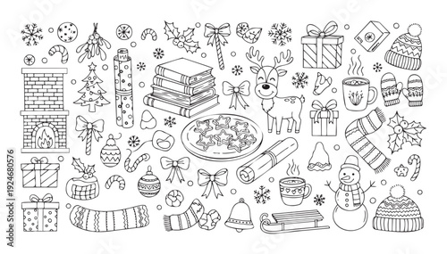 Handdrawn collection of charming Christmas and winter holiday elements featuring snowmen, reindeer, gifts, and festive decor perfect for seasonal greeting designs and event decorations.