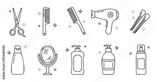 Professional hairdressing tools and hair care product line icons for personal grooming, beauty salon marketing, and styling guide visuals