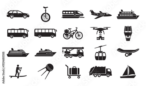 Wide array of transportation and mobility silhouettes featuring automobiles, trains, aircraft, ships, buses, bicycles, drones, and utility vehicles, useful for logistics, travel, and