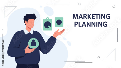 Man Presenting Marketing Planning Strategy with Icons and Charts
