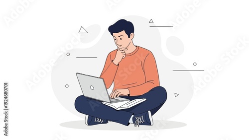 Man Sitting Cross-legged Working on Laptop, Thinking, Concentrating, Casual Outfit