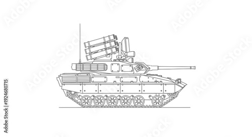 Modern Tank Blueprint Line Art - Military Vehicle Illustration