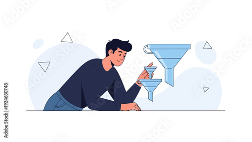 Man sorting data with multiple funnels, concept of filtering and analysis
