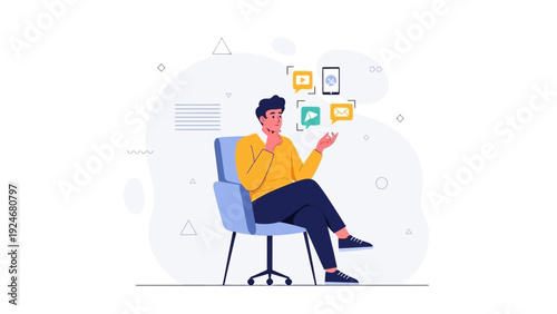 Man thinking about digital communication and ideas, sitting in chair, vector illustration