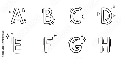 Handdrawn black outlined capital alphabet letters A through H with playful decorative elements perfect for childrens educational content, school projects, and creative graphic communication