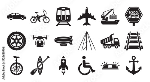 Comprehensive collection of various transportation modes and related journey symbols perfect for use in educational materials digital interfaces and professional presentations