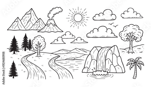 Hand drawn collection of essential nature elements featuring mountains, a volcano, sun, clouds, trees, a winding road, a tranquil lake, and a powerful waterfall, ideal for educational