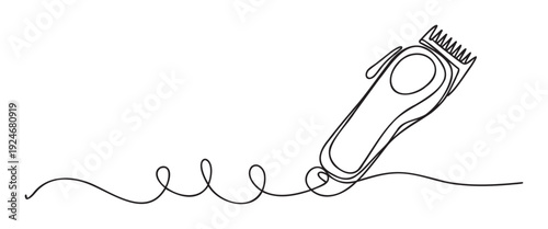 Minimalist one continuous line drawing of an electric hair clipper with a coiled cord, suitable for barbershop branding, mens grooming advertisements, or professional hairdressing materials.