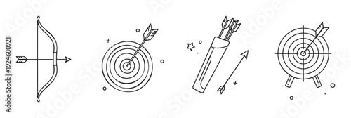 Simple outline icons of archery equipment including a bow, arrow, target, and quiver, perfect for sports training graphics or achievement oriented marketing materials
