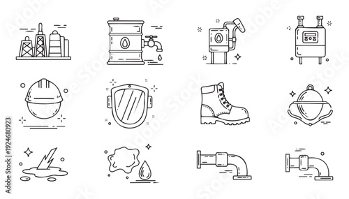 Collection of line icons representing industrial safety equipment, energy production, oil and gas, and plumbing elements for infographics, web applications, and educational materials.