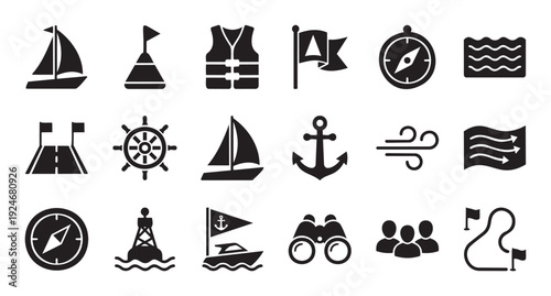 Comprehensive collection of sailing and boating glyph icons representing marine navigation, watersports activities, and essential equipment perfect for graphic design and informational