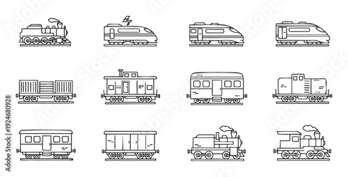 Collection of diverse railway transportation outlines for modern and classic locomotive projects illustrating various passenger and cargo train types suitable for educational resources