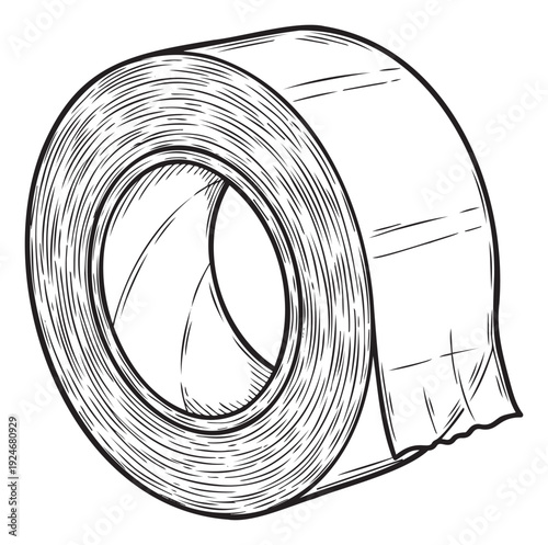 A detailed black and white woodcut style drawing of a roll of adhesive tape with an unraveling end, perfect for various DIY, craft, packaging, and office supply related commercial projects