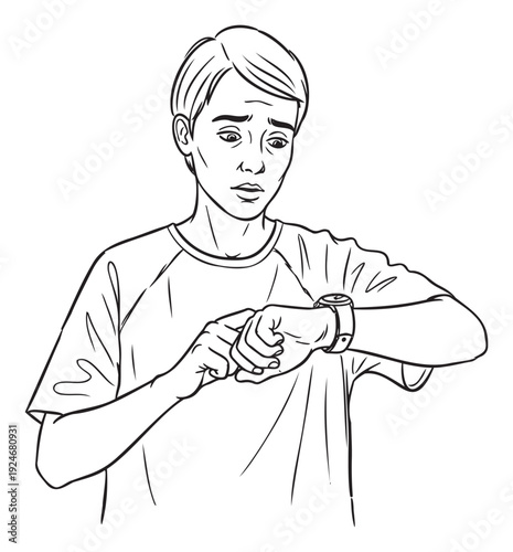 Concerned young man intensely checking his wristwatch with a worried expression, ideal for illustrating concepts of punctuality, time management, or urgent waiting scenarios.