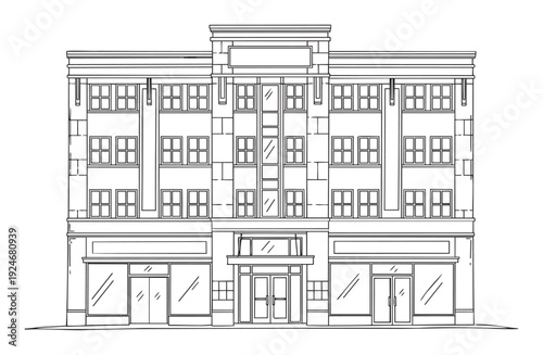 Architectural line drawing of a classic multistory commercial building with multiple storefronts and apartment windows, ideal for urban development projects and historical preservation