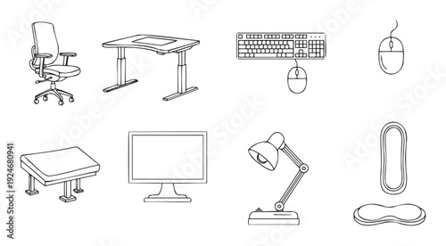 Essential collection of office ergonomic equipment and desk accessories including chair standing desk monitor and computer peripherals perfect for modern workspace and healthy productivity