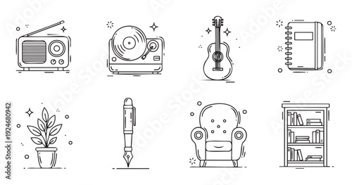 A versatile collection of outline style icons featuring common home comfort items and popular leisure activities, perfect for various digital media and print applications