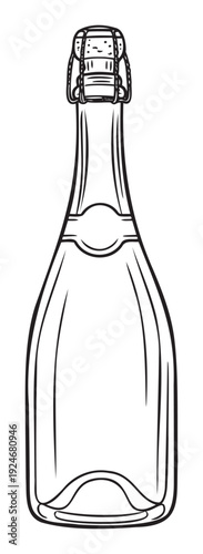 Black and white sketch of a champagne style bottle with a secure cork, perfect for upscale event invitations, drink advertisements, or festive occasion imagery.