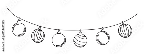 Line drawing of Christmas tree ornaments on a string for holiday decoration, perfect for seasonal greetings, winter event invites, or festive graphic projects.