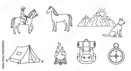 Collection of hand drawn nature camping and equestrian icons featuring a horse rider mountain landscape with sun hiking backpack dog campfire tent and compass for outdoor adventure projects