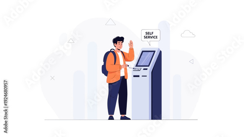 Man Using Self Service Kiosk for Transactions and Information