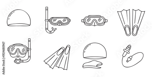 Comprehensive collection of essential swimming and diving equipment for water activities, ideal for sports publications, fitness websites, and vacation planning materials