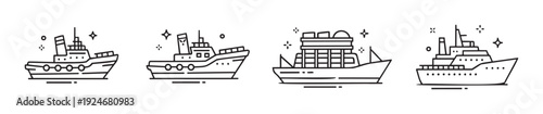 Collection of diverse linear ship icons perfect for illustrating sea travel, maritime adventures, or global cargo transportation in digital interfaces and commercial branding projects