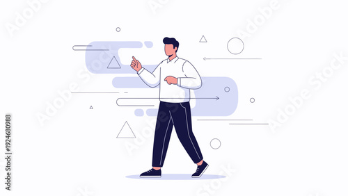 Man Walking Forward with Idea Gesture, Abstract Shapes Background