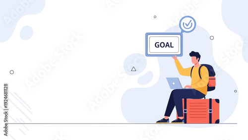 Man with backpack and laptop achieves goal, sitting on suitcase, business concept