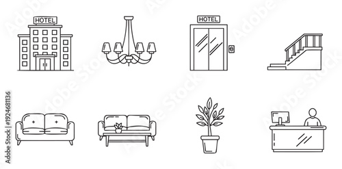 Essential hotel and hospitality line icons representing building, lobby, reception, and amenities perfect for travel industry applications and web user interfaces