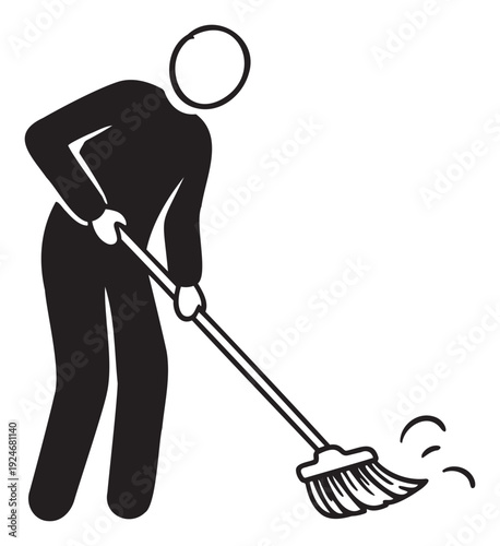 Simple pictogram showing a person sweeping a floor with a broom, representing household chores and general cleaning tasks for various informational and graphic applications.
