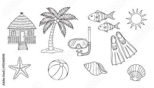 Black and white line drawing collection of various summer and beach holiday vacation items perfect for coloring pages, educational materials, or tropical travelthemed projects.