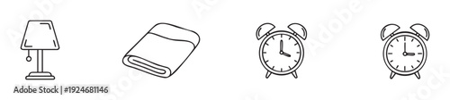 Minimal black outline icons depicting a bedside lamp, a folded blanket, and various alarm clocks, perfect for user interface applications, web graphics, and informational presentations.