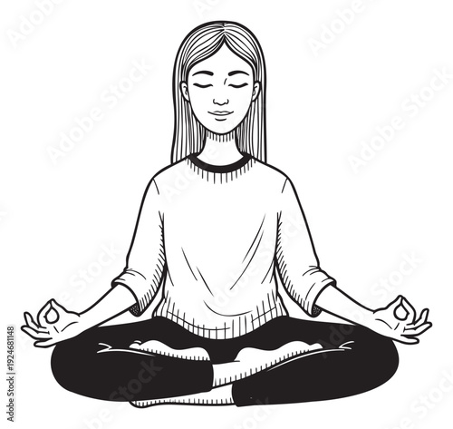 Serene young Asian woman meditating in lotus pose with closed eyes and mudra gesture, embodying spiritual wellness and mindfulness for health and relaxation resources.