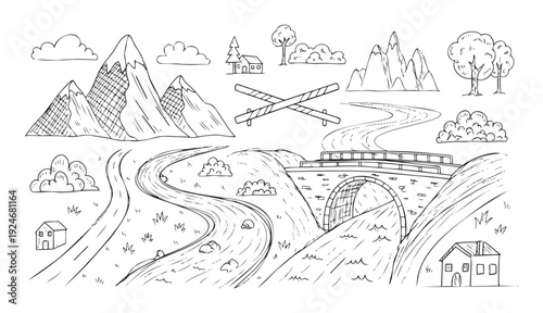 Hand drawn outline landscape featuring majestic mountains, winding roads, flowing rivers, charming houses, and a rustic bridge perfect for childrens coloring books, educational materials,