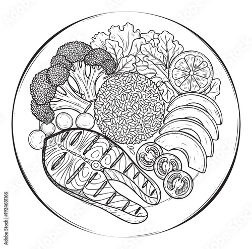 A detailed line drawing showcasing a nutritious healthy meal with grilled salmon steak, fresh broccoli, green lettuce, brown rice, avocado, and lemon, ideal for diet programs or culinary