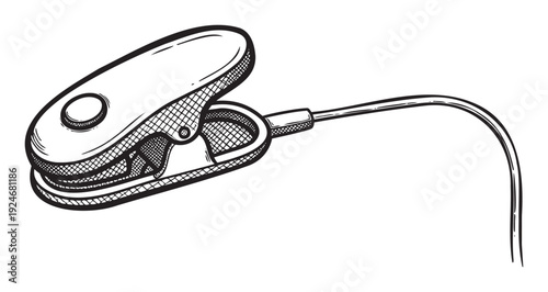 Engraved style visual of a diagnostic medical instrument, a finger pulse oximeter with its connecting cable, suitable for healthcare publications, educational resources, and clinic