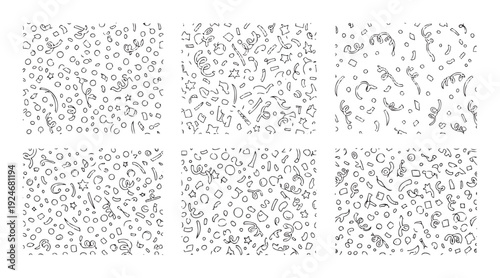 Hand drawn outline confetti elements featuring circles, squares, stars, and streamers creating a seamless abstract texture suitable for festive celebration decorations, birthday