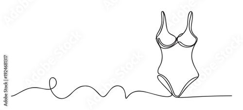 Elegant continuous line artwork depicting a sleek womens monokini, ideal for contemporary blogs, poolside party invitations, and holiday travel marketing campaigns