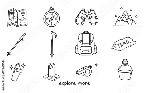 A collection of essential outline icons for outdoor adventure and exploration, including map, compass, binoculars, and hiking gear, perfect for travel blogs and websites.