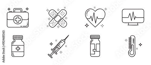 Medical emergency essentials collection of line icons representing healthcare equipment for hospital and clinic websites, mobile applications, and medical informational materials