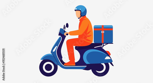 Delivery driver on scooter with cooler box, fast service, urban transport