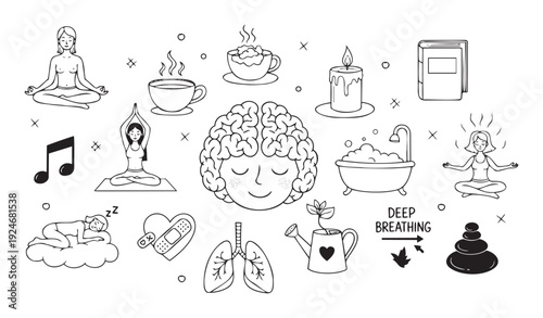 A comprehensive collection of line art symbols representing selfcare, mental wellness, relaxation, mindfulness, and physical health, perfect for health and lifestyle content.