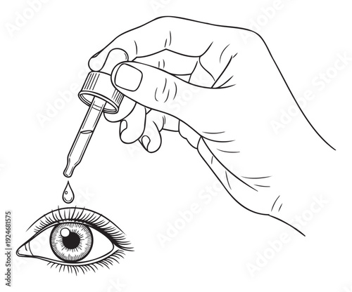Hand holding an eyedropper releasing a liquid drop towards a human eye, depicting vision treatment or eye care for medical, health, and wellness related campaigns.