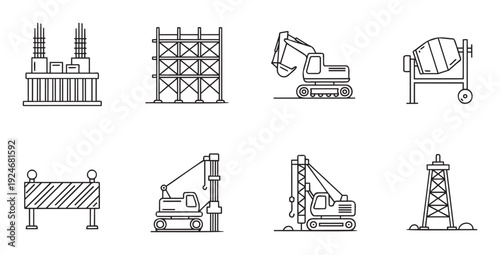 Collection of construction equipment and building site elements presented as simple outline linear icons for engineering projects and industrial development visuals