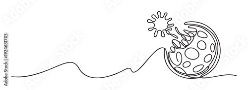 Abstract single line drawing of a stylized sun and moon or pizza slice above a wavy line perfect for graphic resource, culinary themes, and astronomical education projects